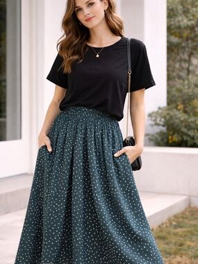 Casual Outfit Bundle XL Black Top & Lura Polka Dot Midi Skirt Pockets Set